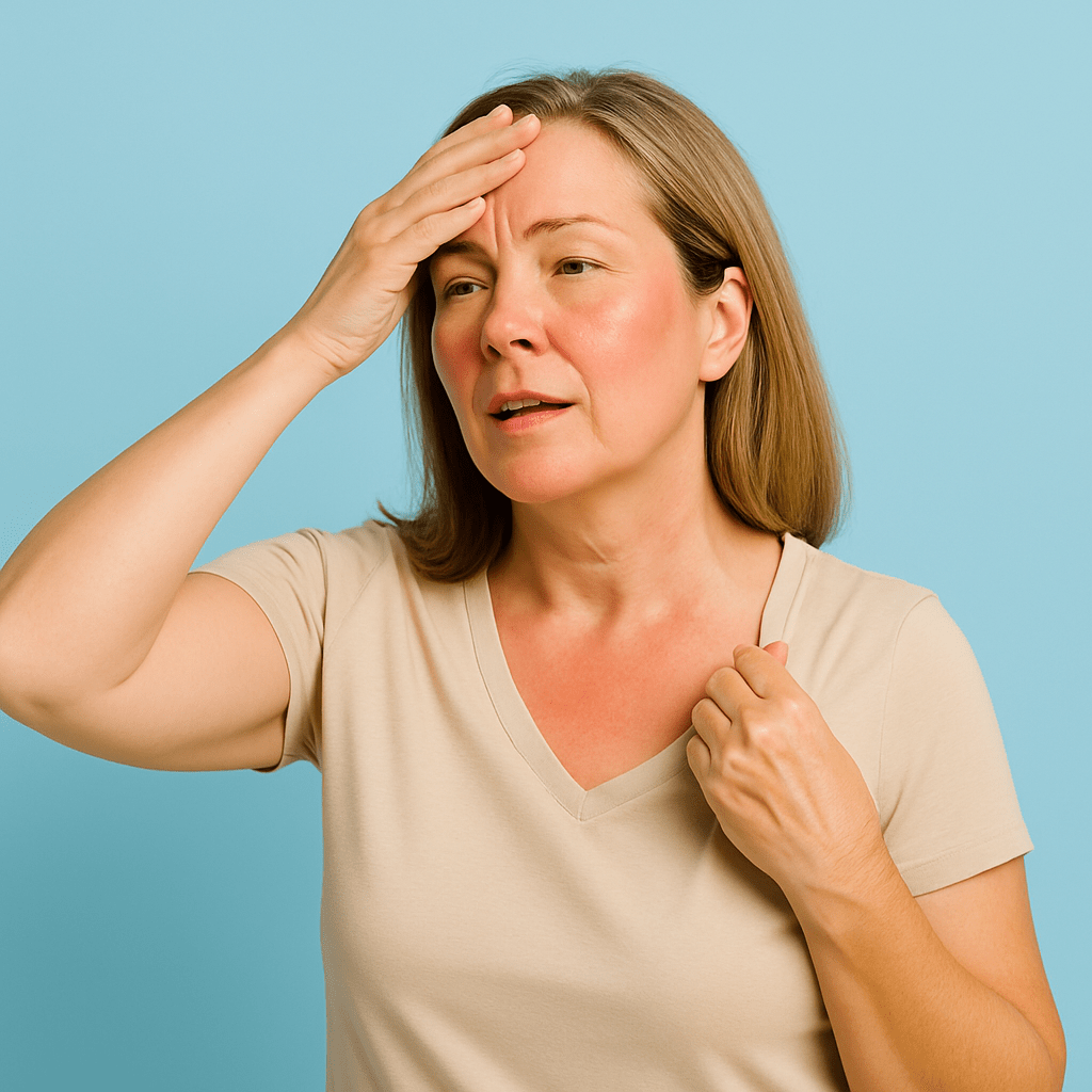 A woman in her 40s with light skin experiences a mild hot flash, shown with slightly flushed cheeks and chest, touching her forehead while standing against a soft sky-blue background.