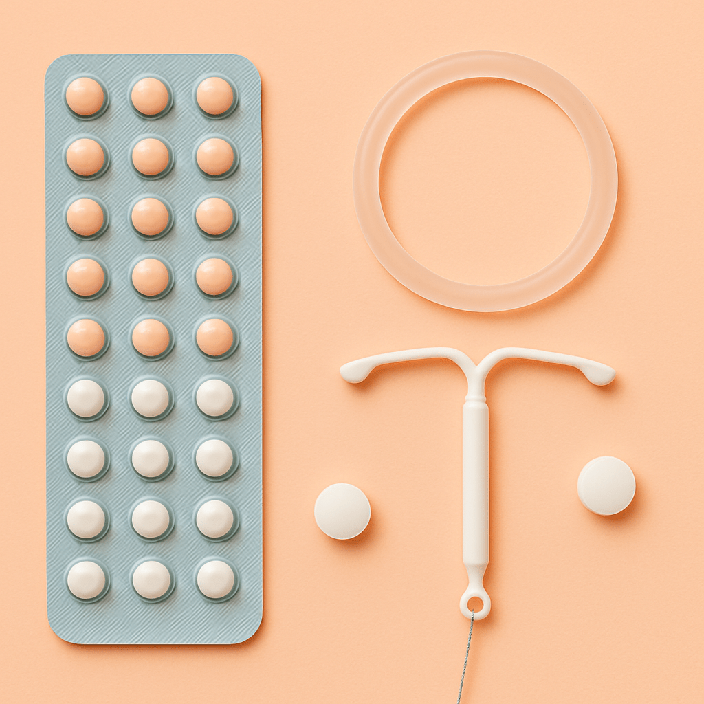 Flat-lay photograph of birth control methods — a blister pack of pills, a vaginal ring, an IUD, and two loose pills — arranged neatly on a soft peach background.
