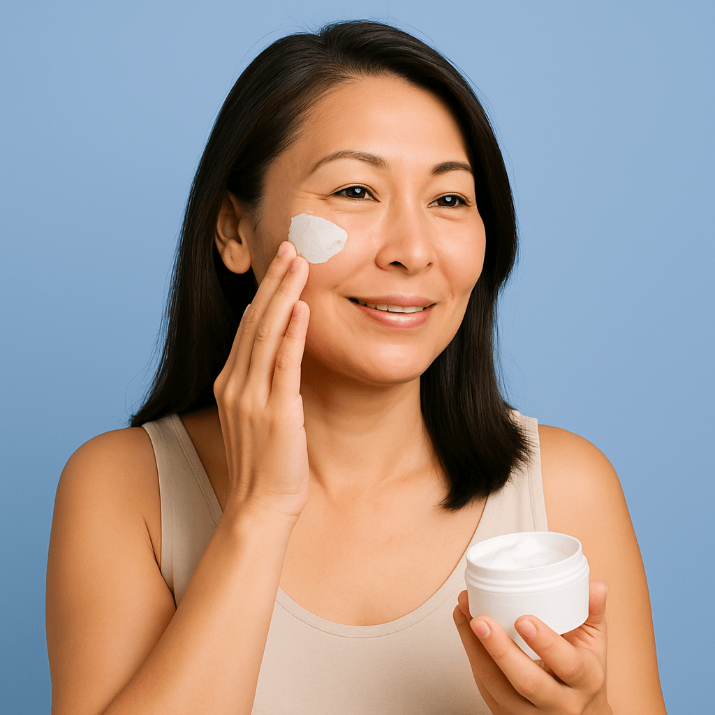 A woman in her 40s with Asian features applies white face cream to her cheek, smiling softly against a periwinkle blue background.