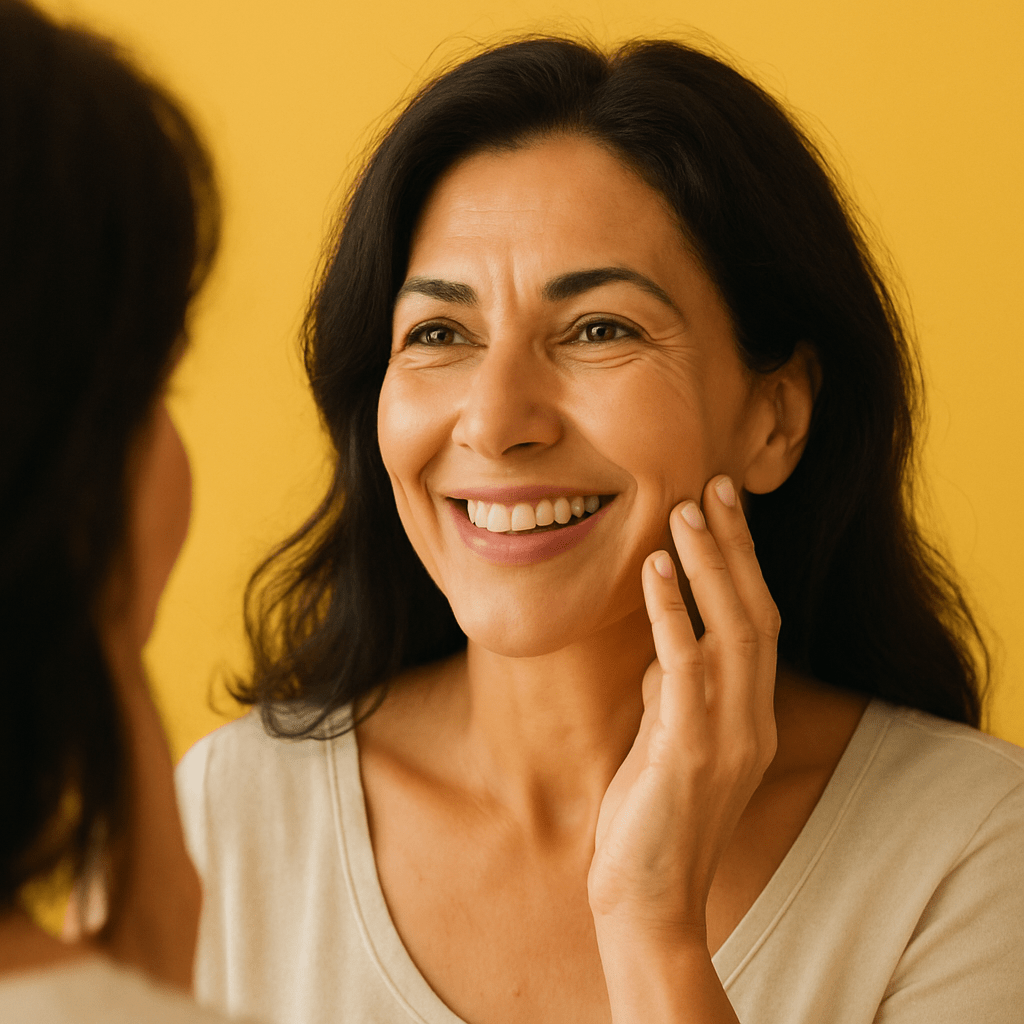 Middle-aged woman with olive skin smiling in the mirror while touching her face against a sunshine-yellow background, representing healthy, glowing skin for a guide on the best estriol cream and top options compared.
