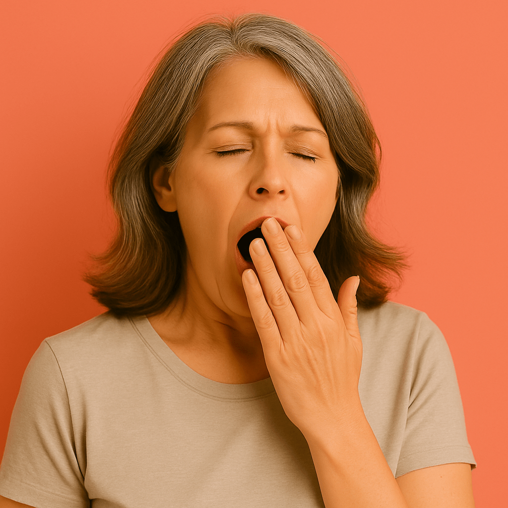 A woman in her 50s with brown and gray hair yawns with a relaxed expression, shown against a coral-colored background.