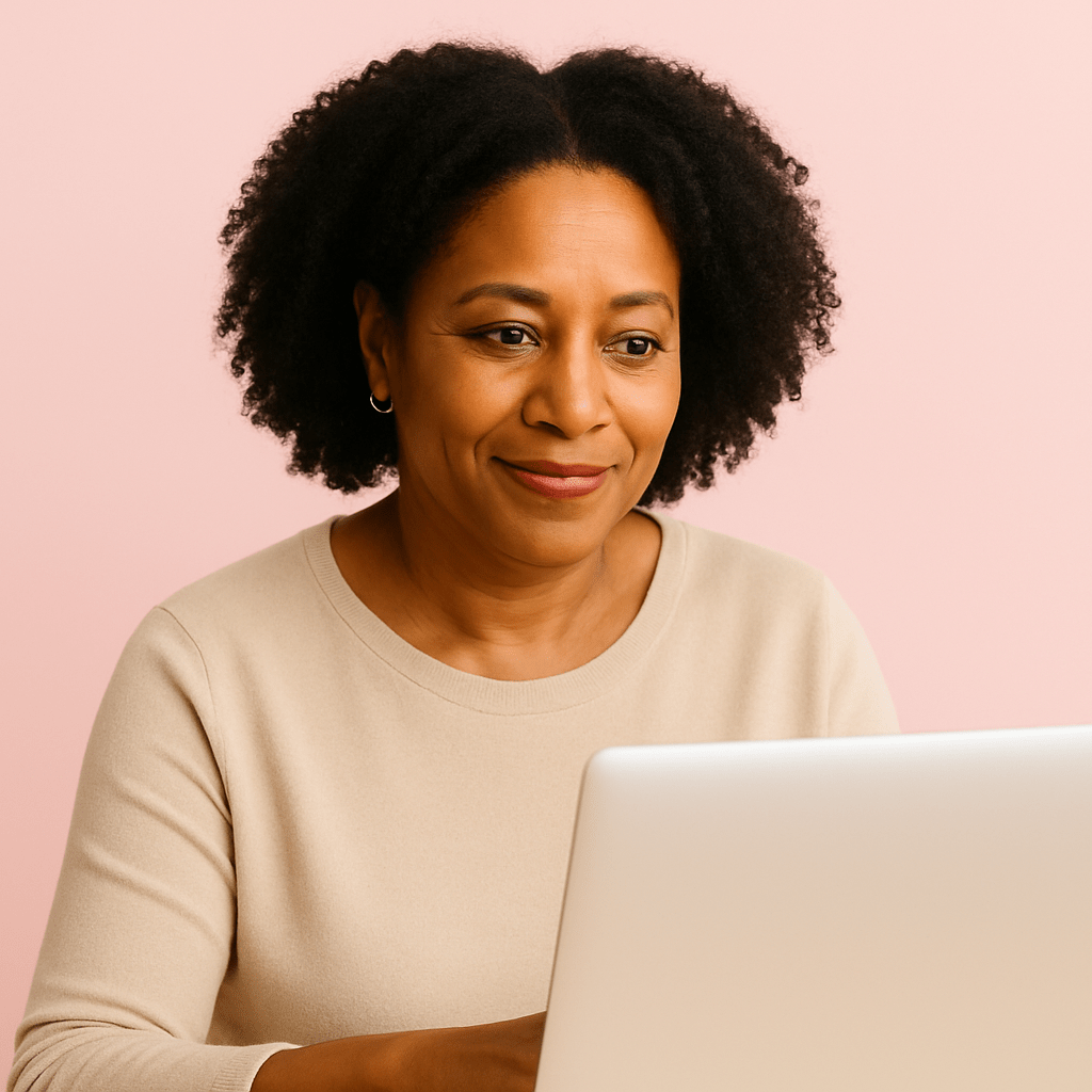 A woman in her 50s with Black features looks at her laptop with a calm, focused expression, seated against a soft blush background.