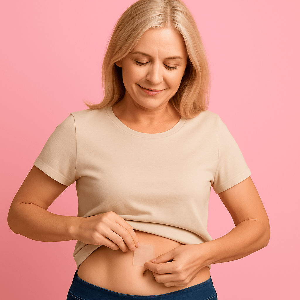 A woman in her 40s with blonde hair lifts her shirt slightly and applies a clear square patch to her abdomen, standing against a rose-colored background.