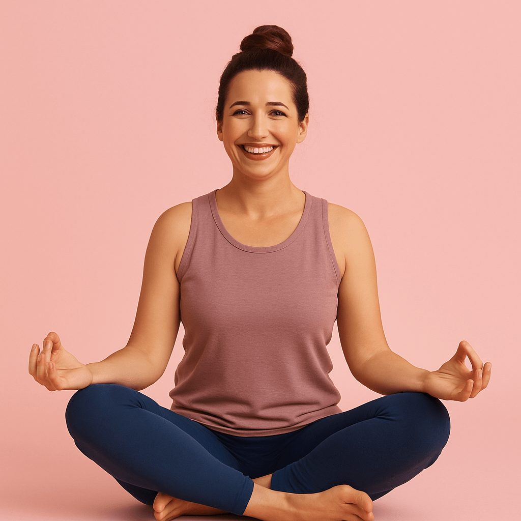 Woman in her 40s with her hair in a bun, smiling and seated in a relaxed yoga pose against a rose-pink background—illustrating gentle movement as a natural remedy for menopause-related joint pain.