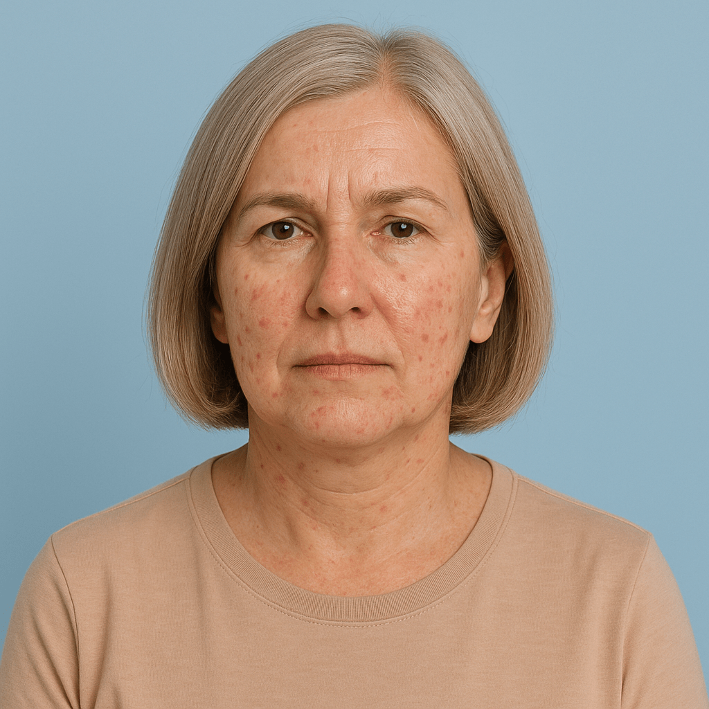 Close-up photo of a woman in her 50s with a short bob and visible menopausal acne on her cheeks and chin, shown against a soft sky-blue background to illustrate what hormonal acne can look like during menopause.