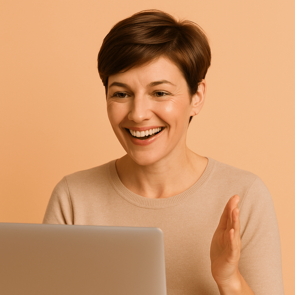 Attractive woman in her 40s with a brown pixie cut smiling and talking to her laptop on a peach background, representing a positive online telehealth experience with legitimate HRT providers.