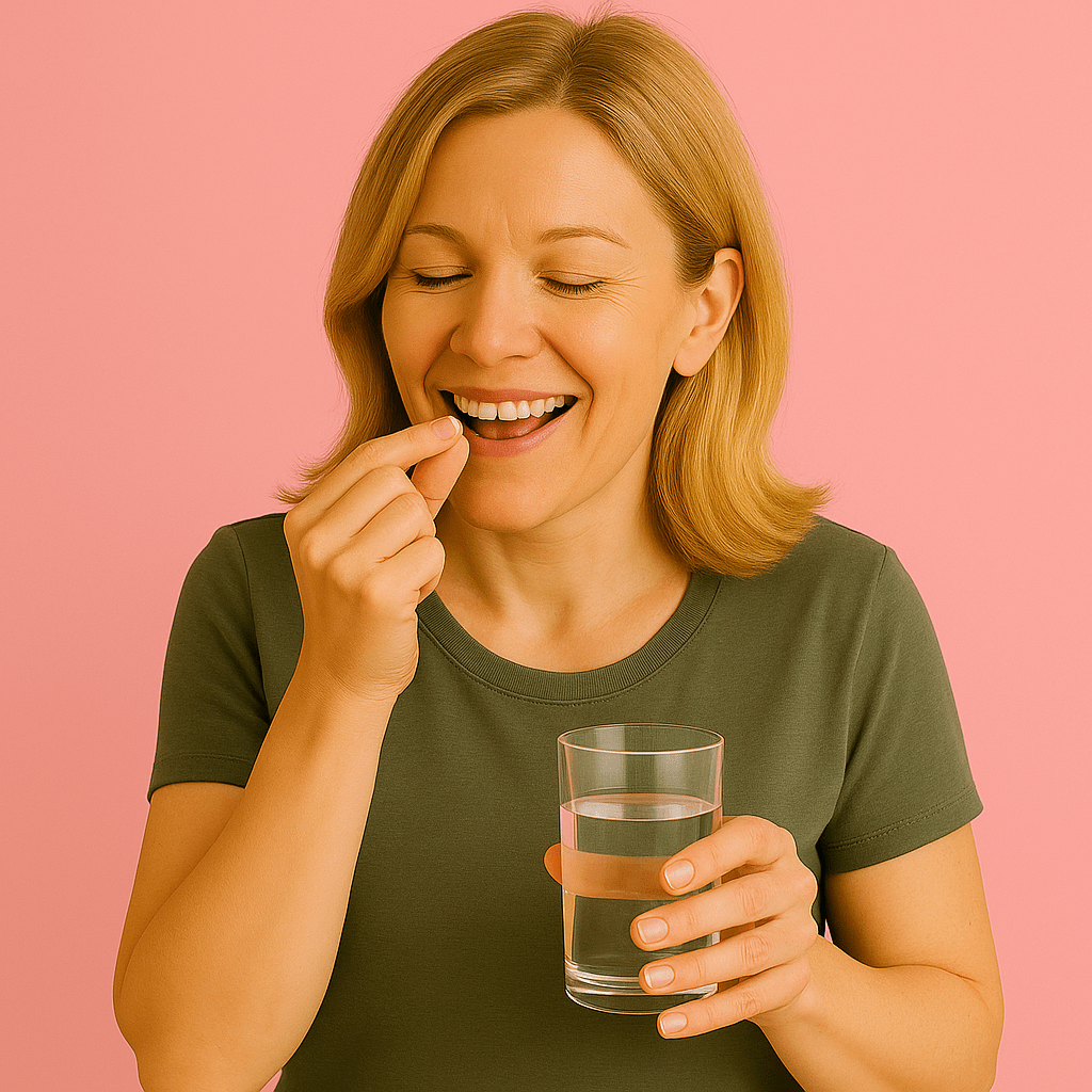 A middle-aged woman with blonde hair smiles while holding a pill near her mouth and a glass of water in her other hand, shown against a rose-colored background.