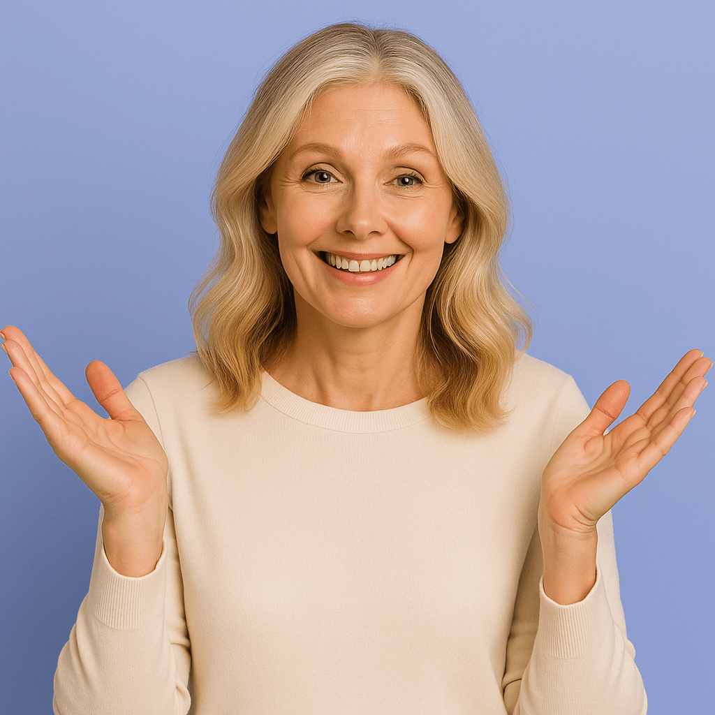 Smiling woman in her 40s with blonde hair and natural gray strands shrugging playfully against a periwinkle background, representing the choice between estrogen pills and patches during menopause.