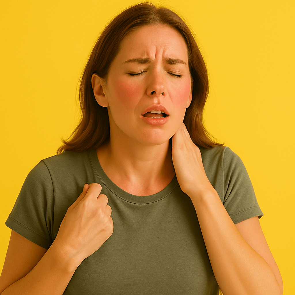 A woman in her 40s with flushed cheeks holds her neck and chest while experiencing a hot flash, shown against a bright sunshine-yellow background.