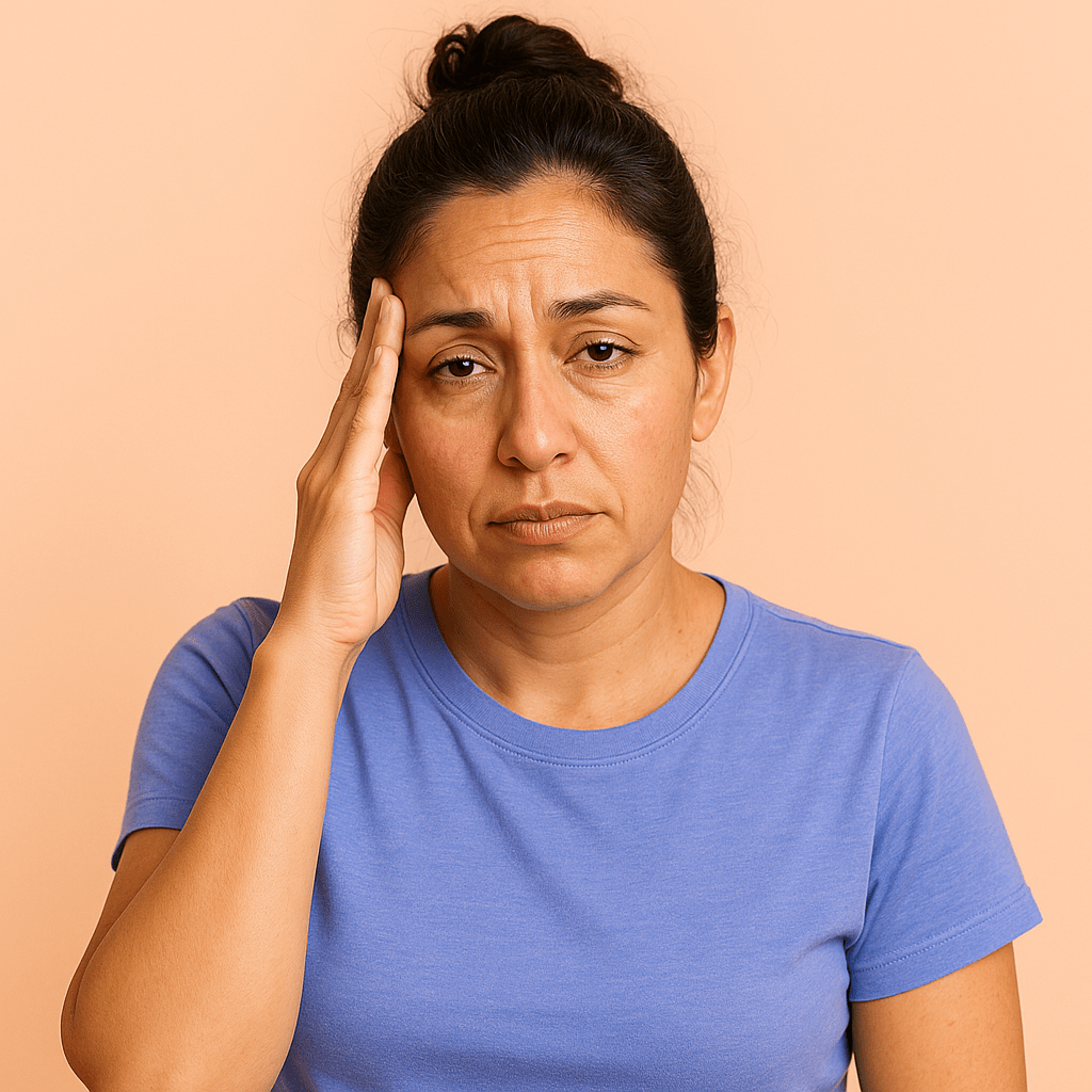 Tired-looking Mexican woman in her 40s with her hair in a bun touching her temple against a peach background, illustrating how perimenopause symptoms like nausea and fatigue can make women feel worn down.