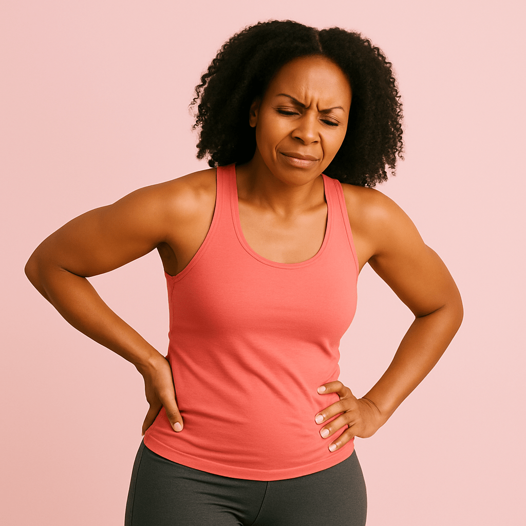 A woman in her 40s with Black features holds her lower back and winces in discomfort, standing against a soft blush background.