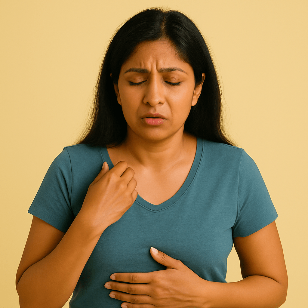 A woman in her 40s with Indian features holds a hand to her stomach and looks slightly nauseous, standing against a soft butter-yellow background.