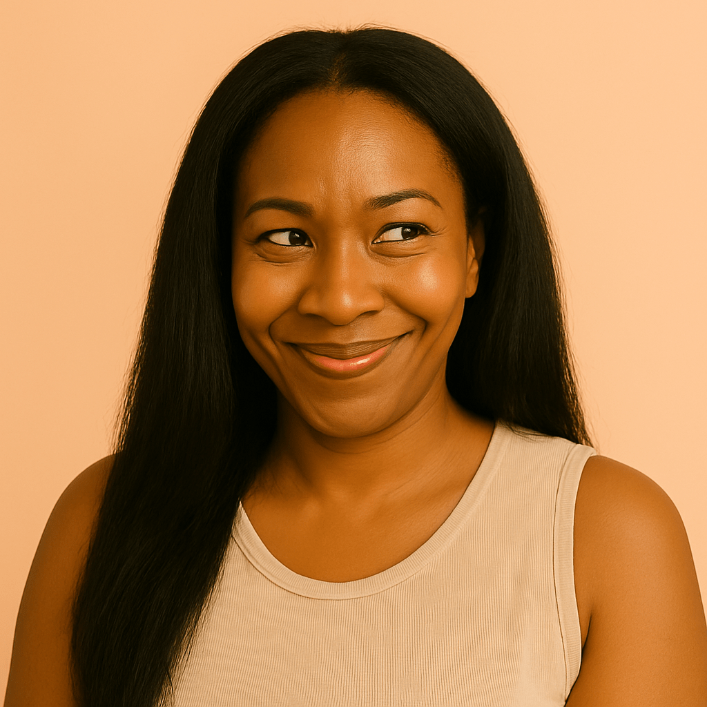 A Black woman in her late 40s with long hair smiles with a playful, cheeky expression against a peach-colored background.