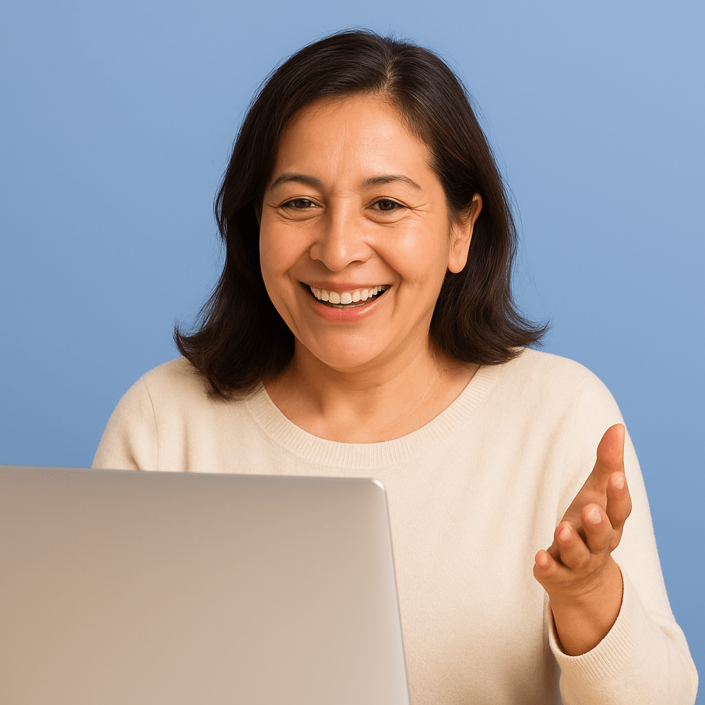 Smiling Mexican woman in her 50s chatting on her laptop against a periwinkle background, representing the simple and supportive online process of ordering estrogen through legitimate telehealth providers.
