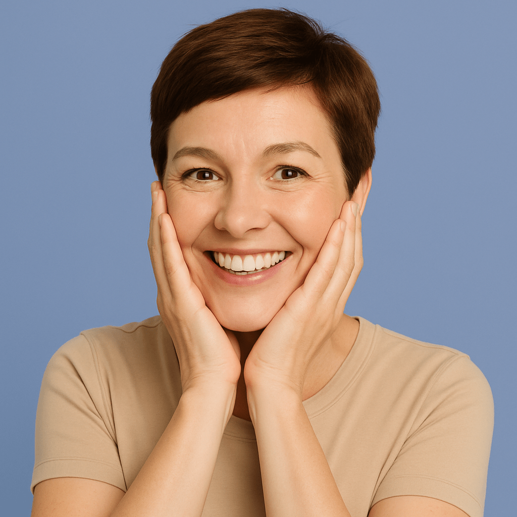 Happy woman in her late 40s with a brown pixie cut holding her face with both hands against a periwinkle background, representing skincare results discussed in “Retin-A vs. Tretinoin for Face: What’s Actually the Difference?