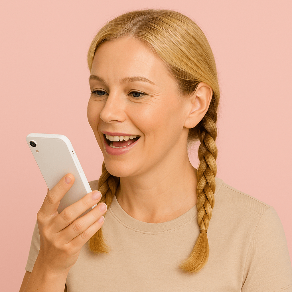 A smiling woman in her late 40s with blonde French-braid pigtails speaks into her white smartphone, set against a blush background, representing a telehealth consultation for buying progesterone online.