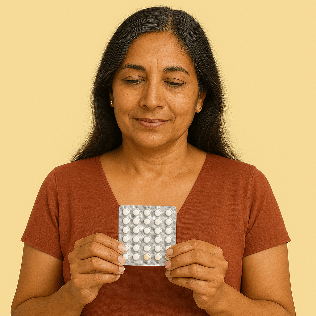 Indian woman in her early 50s holding a birth control pill pack against a Butter background, representing hormonal contraception for an article on The Contraceptive Pill for Perimenopause: What You Need to Know.