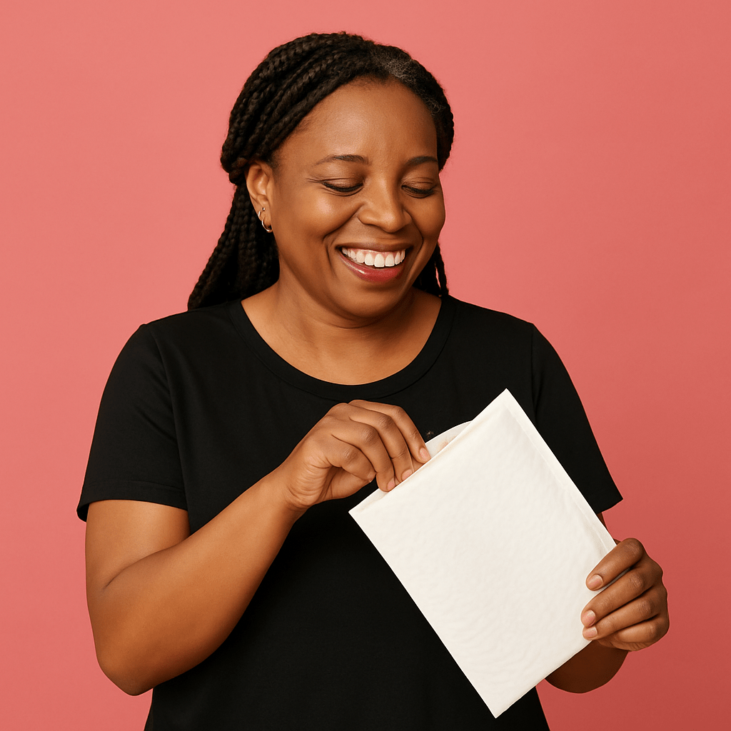 Smiling Black woman in her late 40s opening a white bubble mailer against a rose background, symbolizing the different ways to buy progesterone—from telehealth to pharmacies and over-the-counter options.