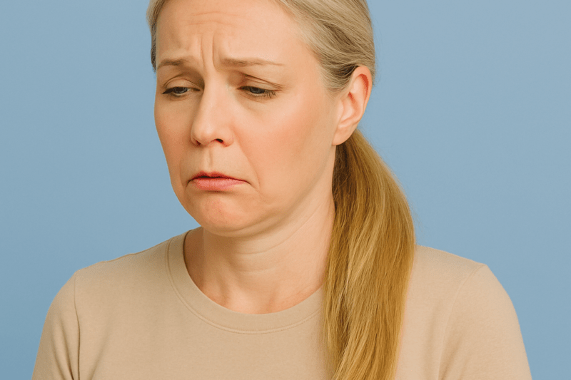 A woman in her late 40s with a long blonde-and-grey ponytail looks mildly nauseous against a soft sky-blue background, illustrating perimenopause-related nausea for the article “Is Nausea a Symptom of Perimenopause? Causes & Relief.”