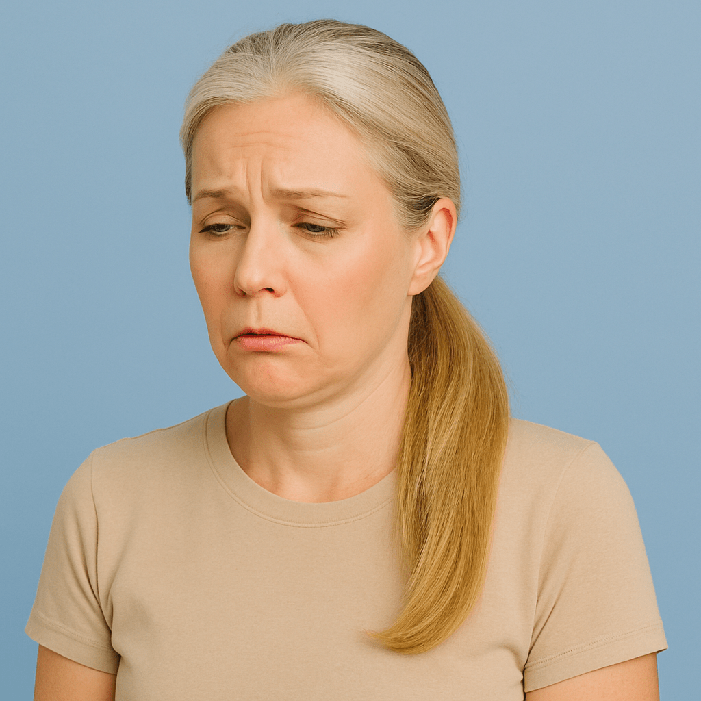 A woman in her late 40s with a long blonde-and-grey ponytail looks mildly nauseous against a soft sky-blue background, illustrating perimenopause-related nausea for the article “Is Nausea a Symptom of Perimenopause? Causes & Relief.”