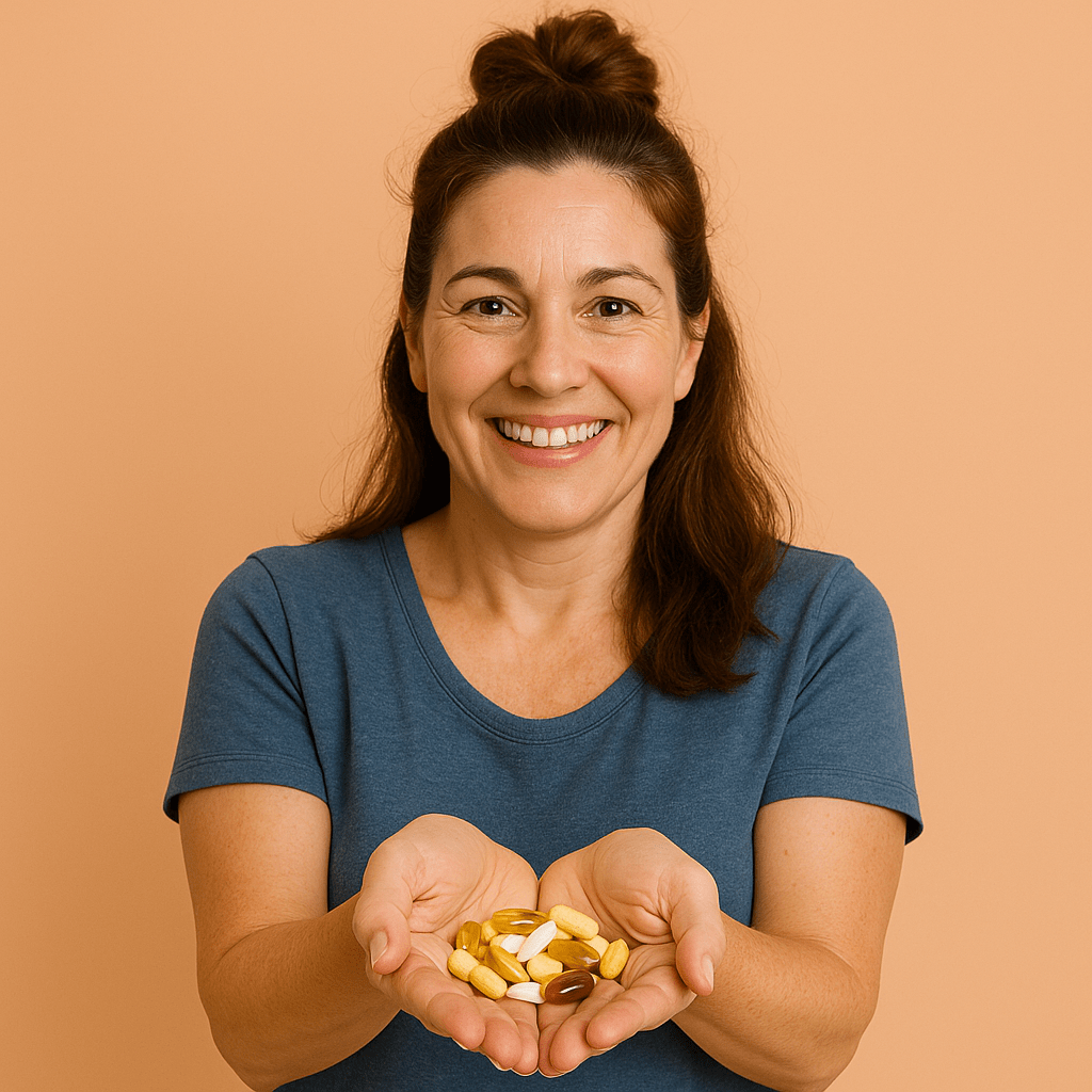 Smiling woman in her 40s holding a handful of vitamin and supplement pills against a peach background, representing the best supplements for perimenopause and what actually helps.